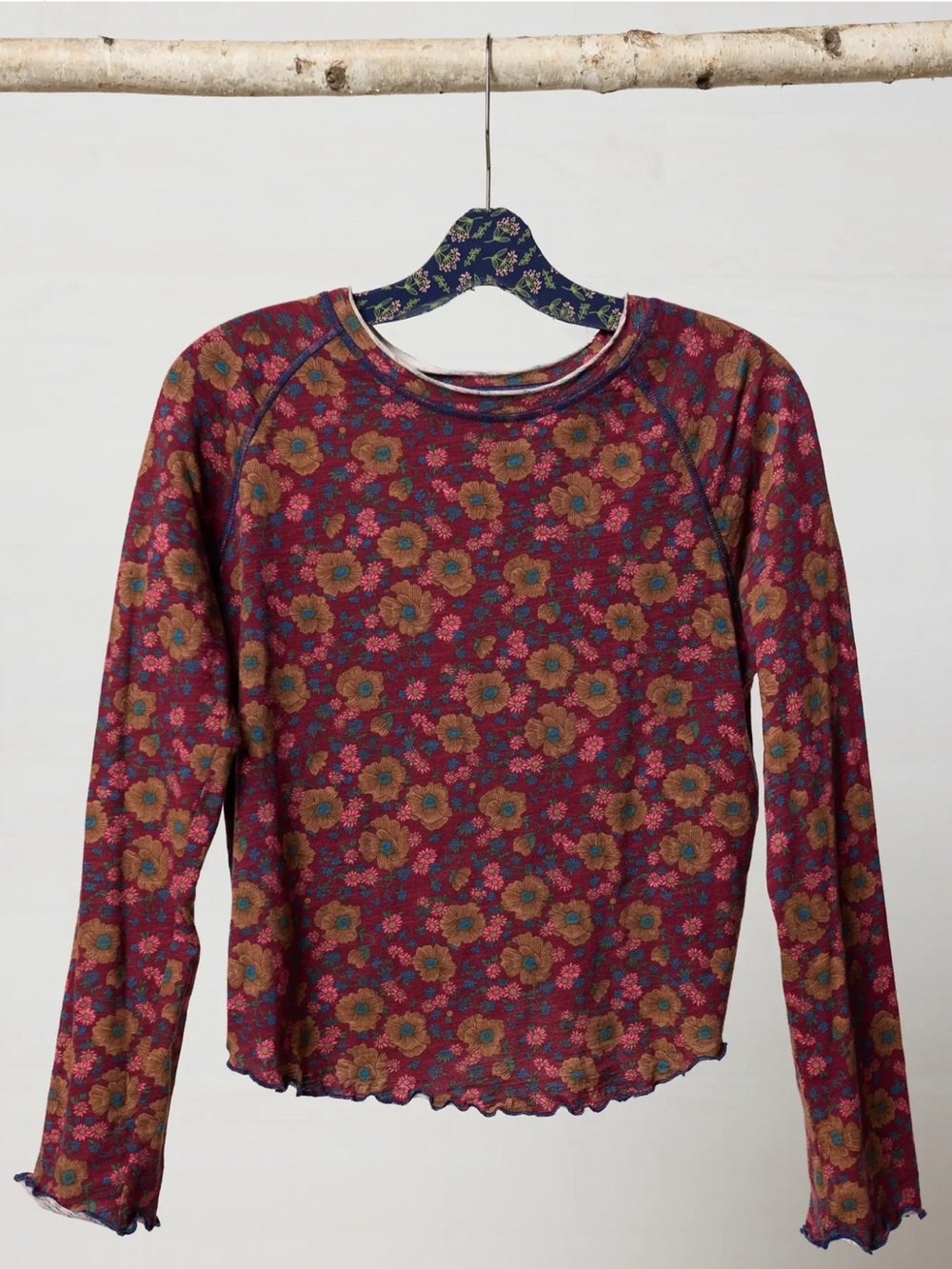 Natura Life Lily Cotton Long Sleeve Tee Shirt Cranberry Brown Floral size L